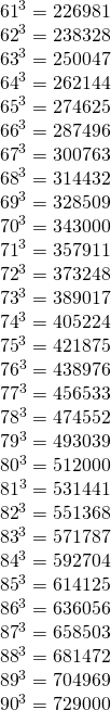 \[\begin{array}{*{20}{c}} {{{61}^3} = {\rm{226981}}}\\ {{{62}^3} = {\rm{238328}}}\\ {{{63}^3} = {\rm{250047}}}\\ {{{64}^3} = {\rm{262144}}}\\ {{{65}^3} = {\rm{274625}}}\\ {{{66}^3} = {\rm{287496}}}\\ {{{67}^3} = {\rm{300763}}}\\ {{{68}^3} = {\rm{314432}}}\\ {{{69}^3} = {\rm{328509}}}\\ {{{70}^3} = {\rm{343000}}}\\ {{{71}^3} = {\rm{357911}}}\\ {{{72}^3} = {\rm{373248}}}\\ {{{73}^3} = {\rm{389017}}}\\ {{{74}^3} = {\rm{405224}}}\\ {{{75}^3} = {\rm{421875}}}\\ {{\rm{7}}{{\rm{6}}^3} = {\rm{438976}}}\\ {{\rm{7}}{{\rm{7}}^3} = {\rm{456533}}}\\ {{\rm{7}}{{\rm{8}}^3} = {\rm{474552}}}\\ {{\rm{7}}{{\rm{9}}^3} = {\rm{493039}}}\\ \begin{array}{l} {80^3} = {\rm{512000}}\\ {81^3} = {\rm{531441}} \end{array}\\ {{{82}^3} = {\rm{551368}}}\\ {{{83}^3} = {\rm{571787}}}\\ {{{84}^3} = {\rm{592704}}}\\ {{{85}^3} = {\rm{614125}}}\\ {{{86}^3} = {\rm{636056}}}\\ {{{87}^3} = {\rm{658503}}}\\ {{{88}^3} = {\rm{681472}}}\\ {{{89}^3} = {\rm{704969}}}\\ {{{90}^3} = {\rm{729000}}}\\ {} \end{array}\]